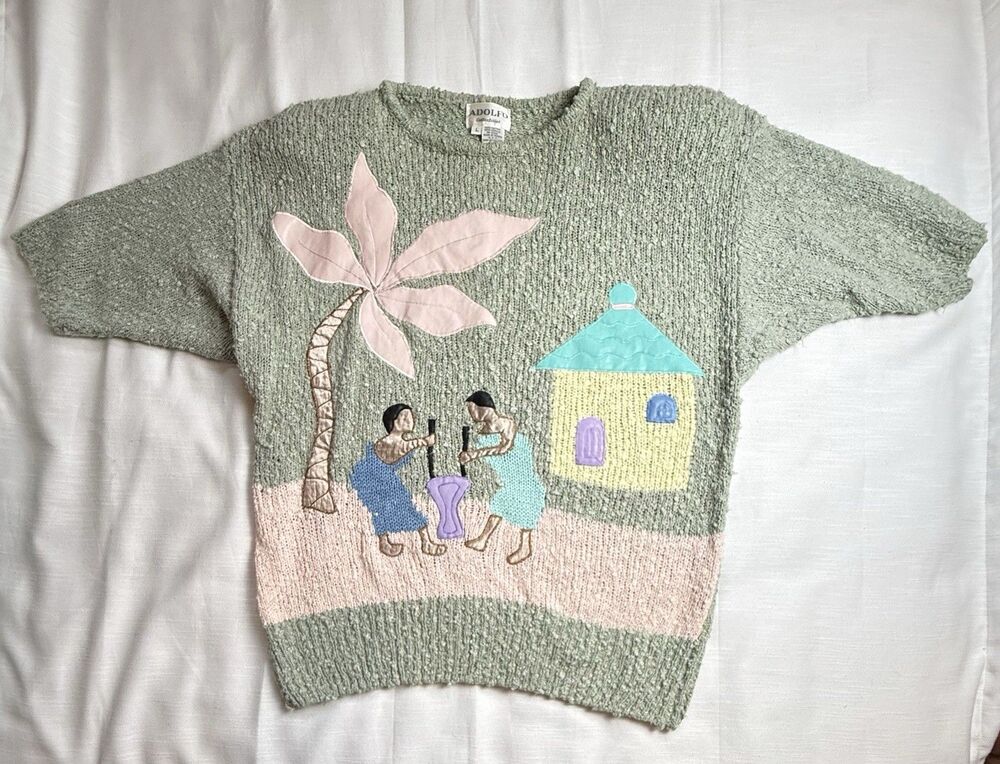 Vintage Adolfo Collectibles Embroidery Leather Appliqué Pastel Knit Sweater Sz L